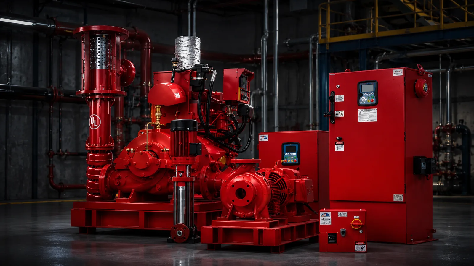 Fire pump set and controller installed in a plant pump house