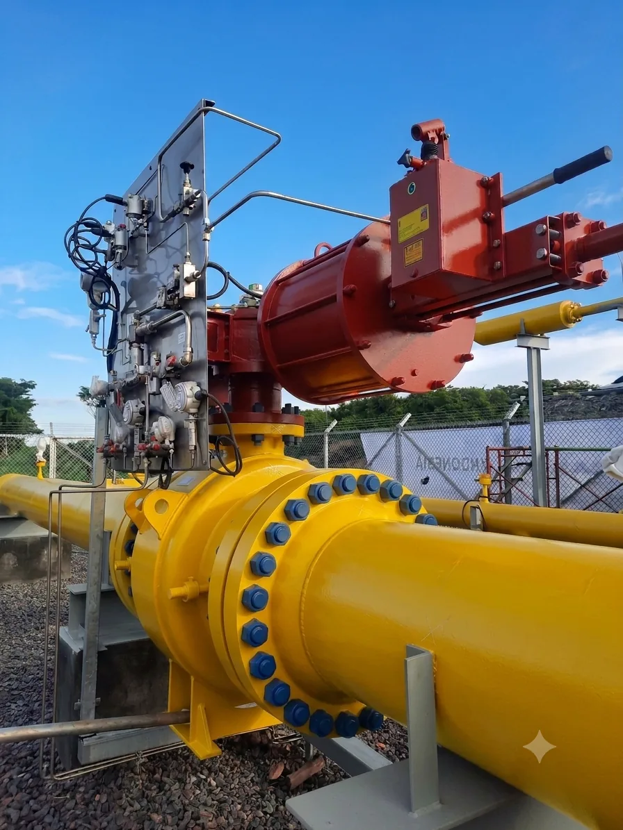 Actuated pipeline valve with hydraulic actuator installed at a gas facility