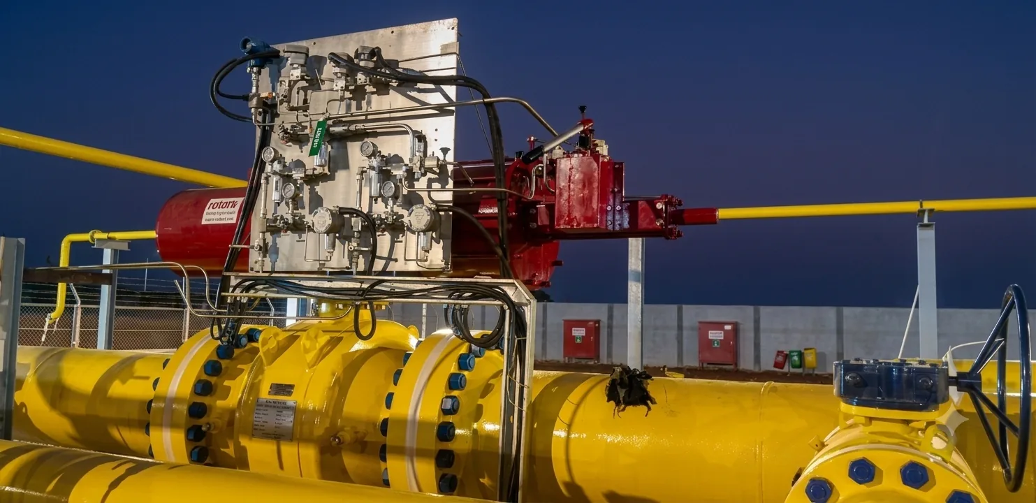 Actuator and hydraulic control panel on a gas pipeline valve at dusk